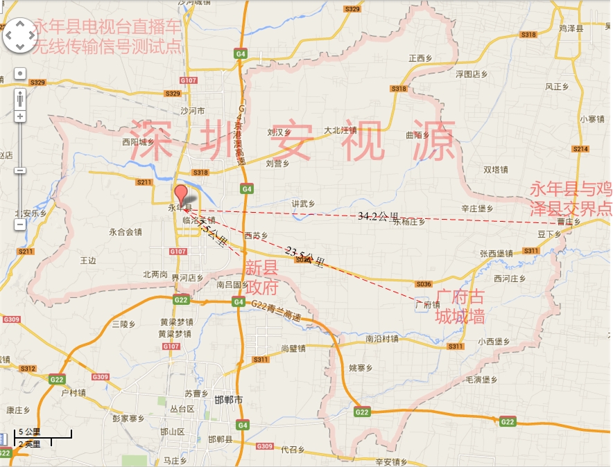 永年縣電視臺(tái)在地圖中的位置以及永年縣版圖內(nèi)各信號(hào)測(cè)試點(diǎn)位置，以及永年縣電視臺(tái)直播車無線傳輸信號(hào)測(cè)試點(diǎn)