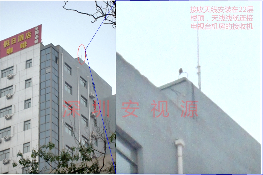 接收天線安裝在22層樓頂，天線線纜連接電視臺(tái)機(jī)房的接收機(jī)